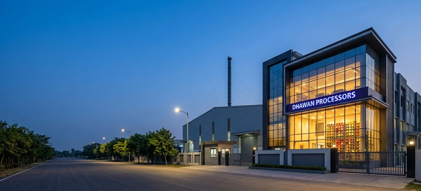 The unit at blue hour, the indigo sign lit and racks of coloured yarn behind the glass